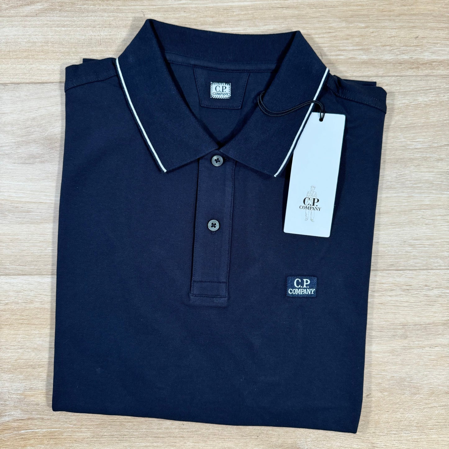 CP Company Stretch Piquet Striped Collar Polo Shirt in Navy
