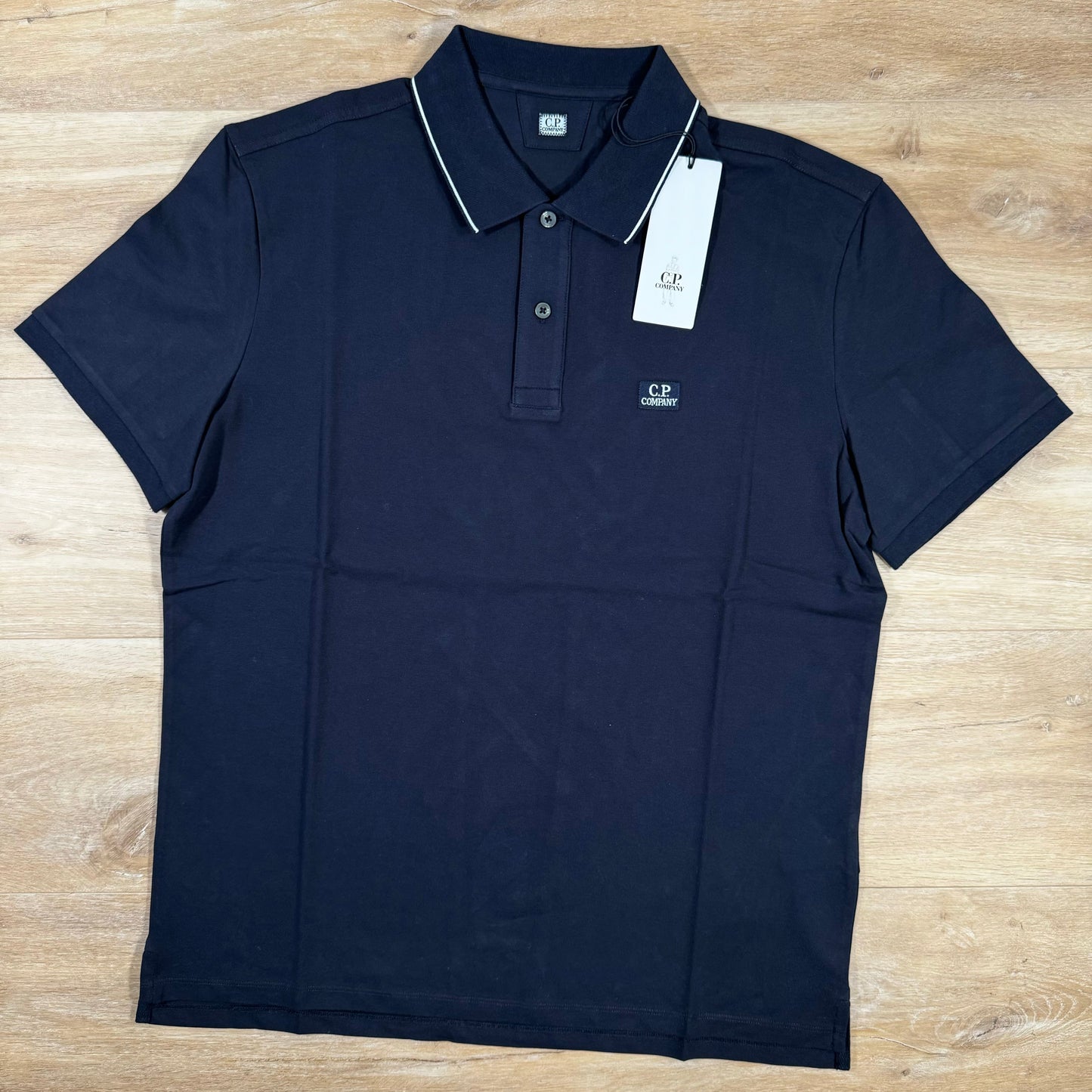 CP Company Stretch Piquet Striped Collar Polo Shirt in Navy