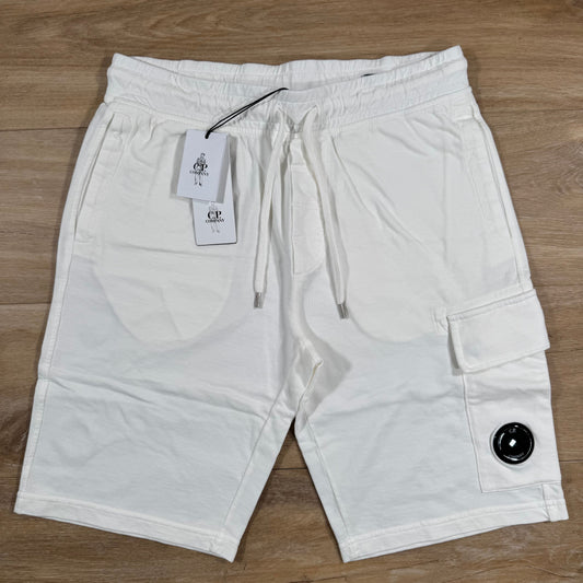 CP Company Light Fleece Cargo Lens Shorts in Gauze White