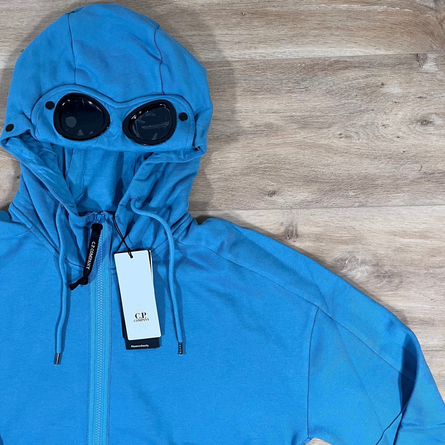 CP Company Diagonal Raised Fleece Goggle Hoodie in Aegean Blue